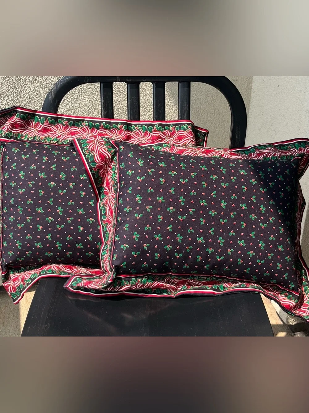 Vera Bradley Black Pillows - Setnof 2 with Red & Green Holly Ribbon Border.
